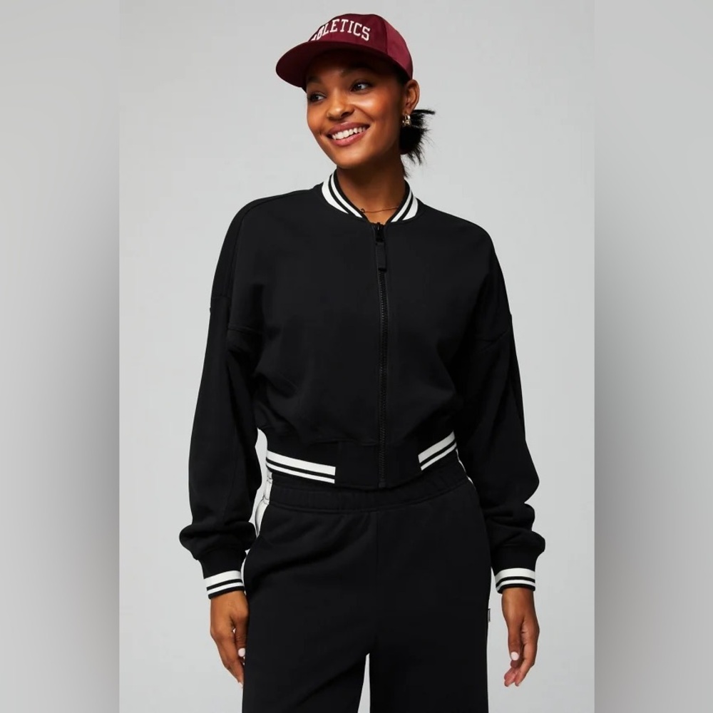 Fabletics Year Round Terry Bomber Full Zip Black Cream Graphic New